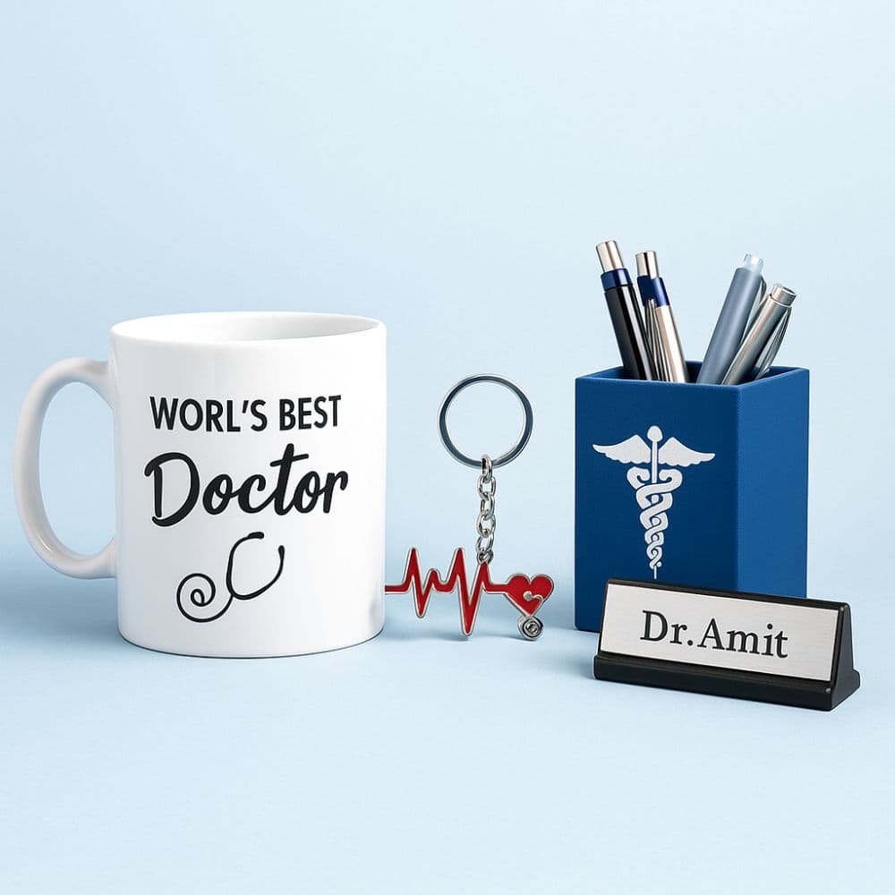 Doctor mug, heartbeat keychain, and pen stand – thoughtful gifts for doctors by Motumal Giftwala Ranchi
