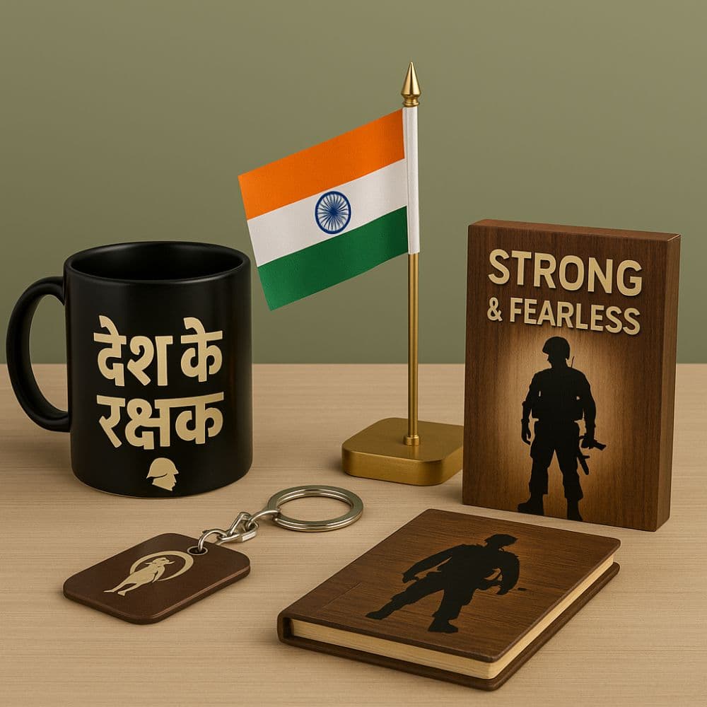 Army mug, tricolor desk flag, and soldier keychain – patriotic gifts for Police and Army from Motumal Giftwala Ranchi