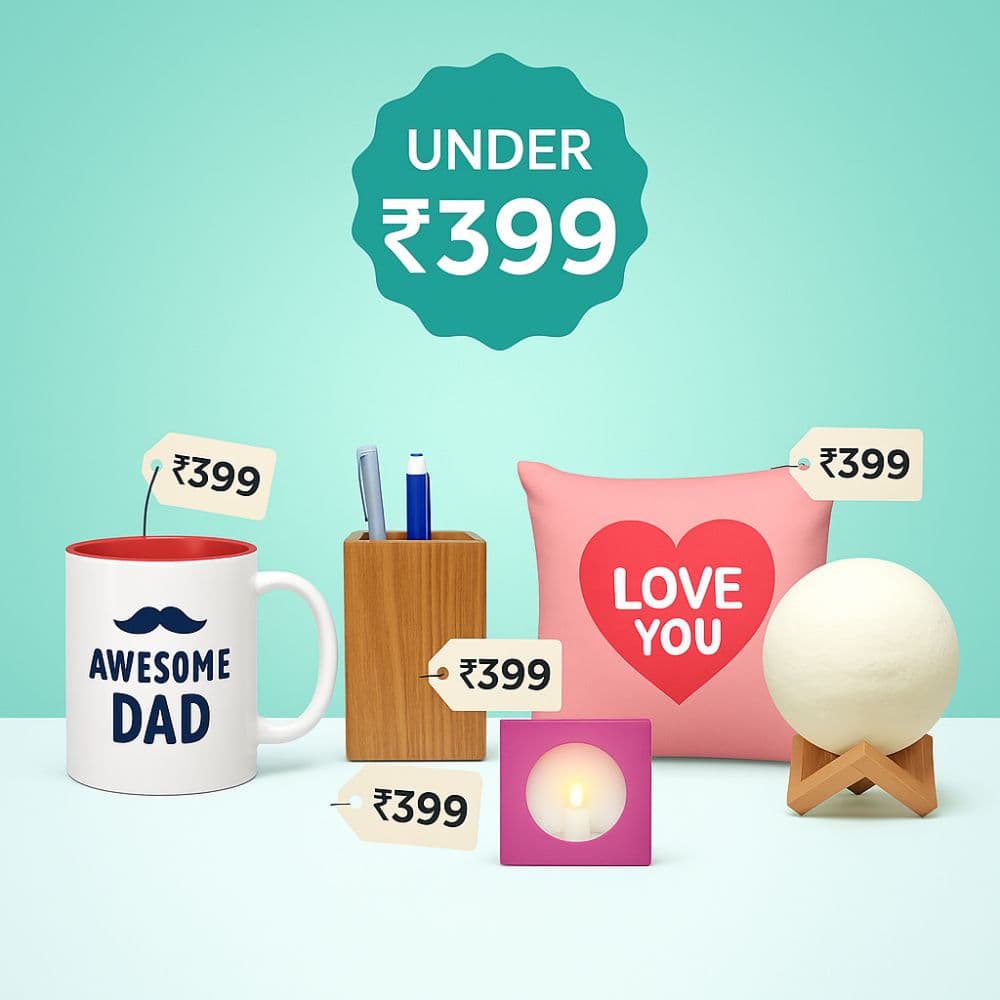Cushion, mug, pen stand and LED item shown with ₹399 tag – gifting ideas under ₹399 by Motumal Giftwala Ranchi