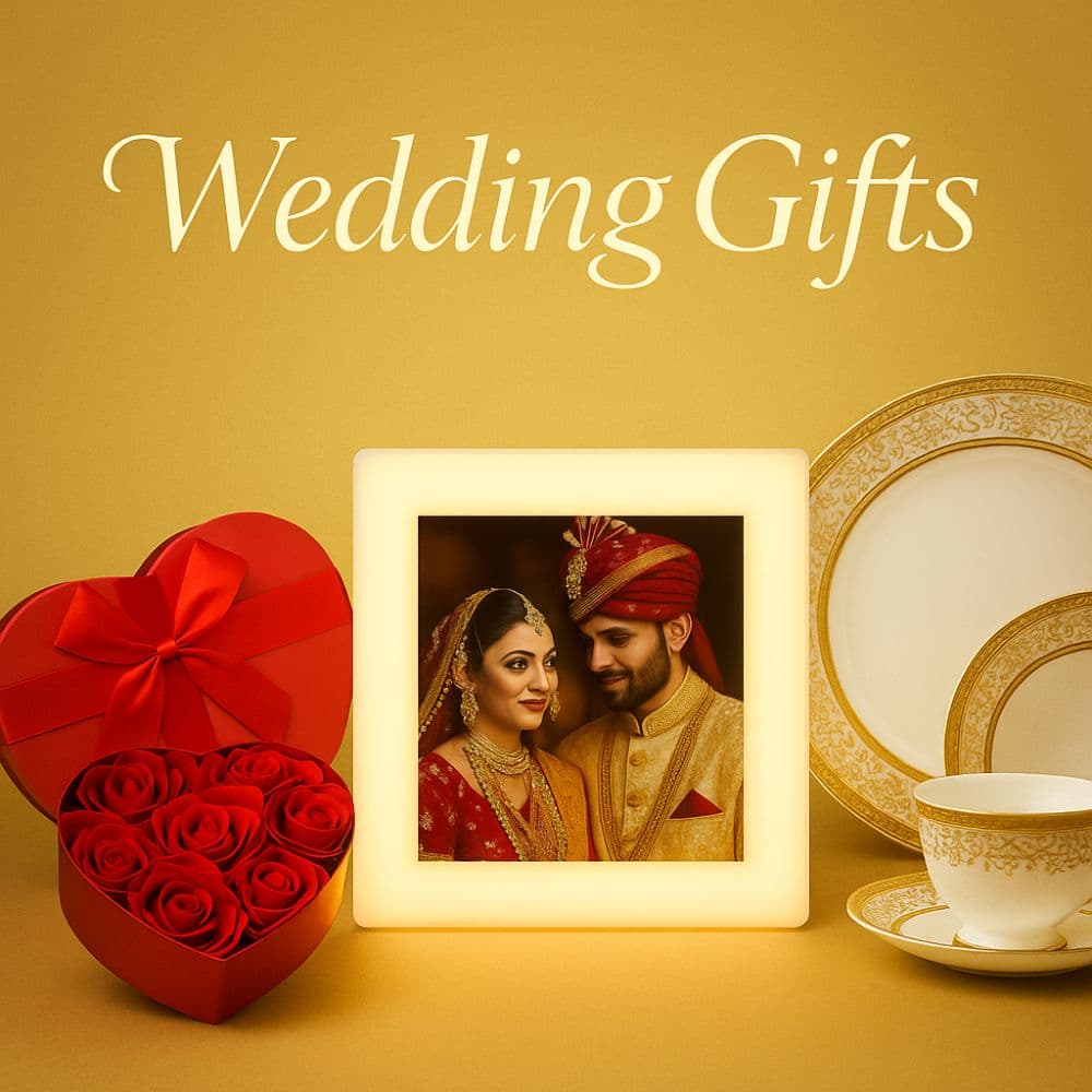 Couple photo frame, rose box and wedding dinner set – premium wedding gifts from Motumal Giftwala Ranchi