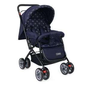 Navy blue baby stroller with adjustable canopy and padded seat