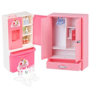 Barbie style pink fridge and wardrobe toy set with accessories for kids
