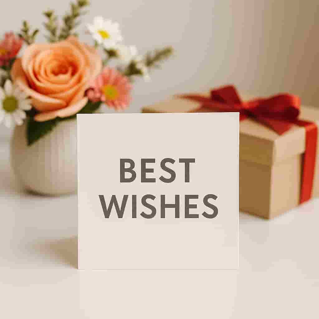 Motumal Giftwala “Best Wishes” gift arrangement with an elegant greeting card, fresh flowers, and soft lighting — perfect for sending warm wishes and thoughtful gifts in Ranchi.