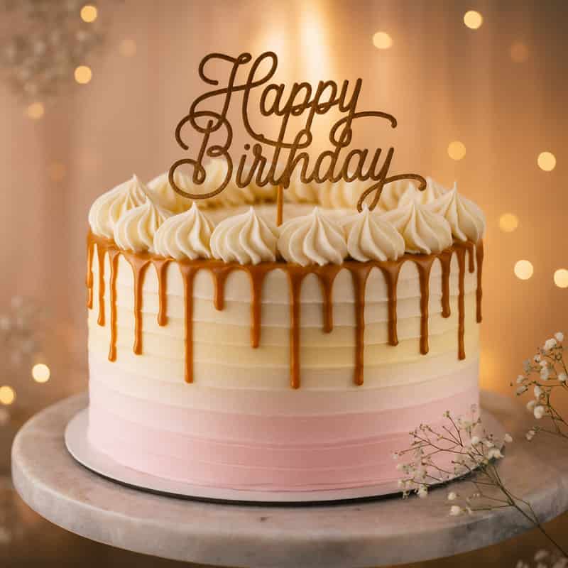 Elegant birthday cake with pink and white gradient frosting, caramel drip topping, whipped cream swirls, and a "Happy Birthday" topper, perfect for celebrations and Motumal Giftwala party gifts.