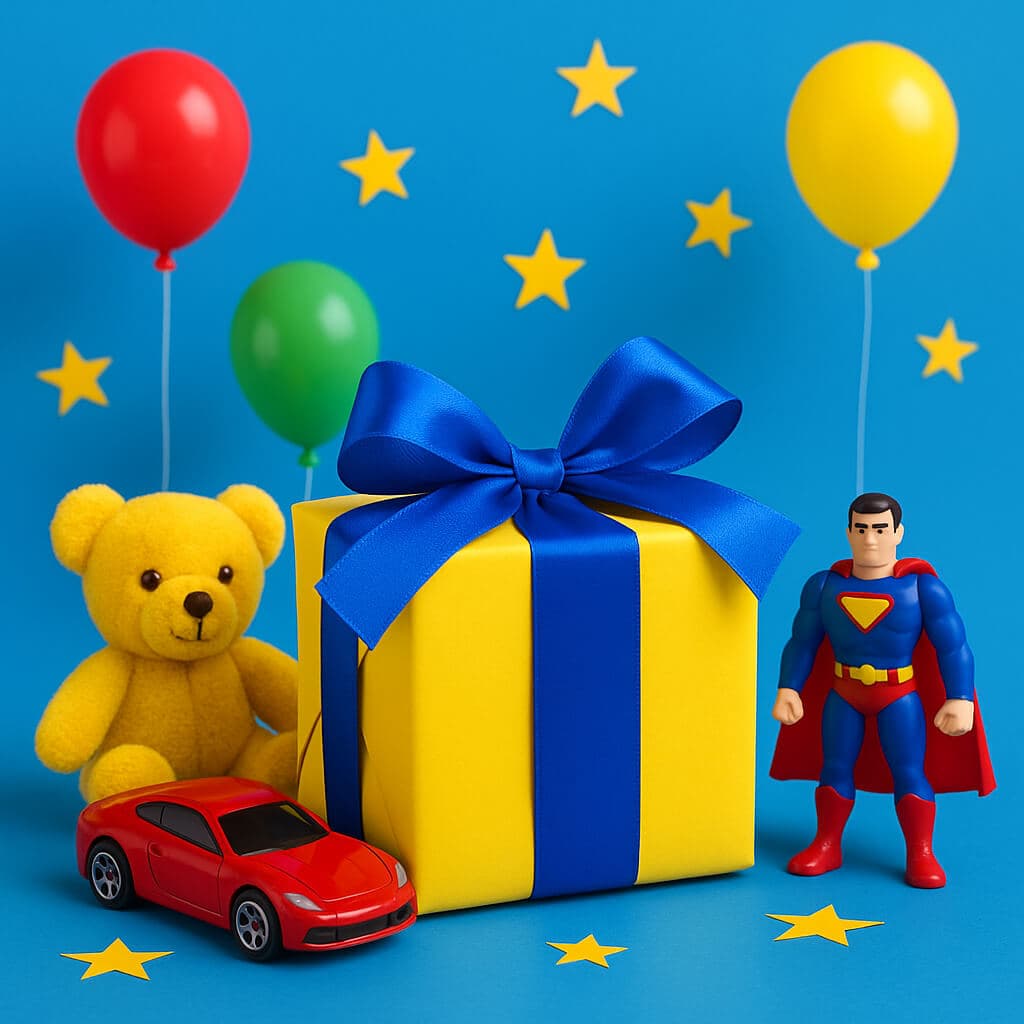 Birthday gift box with blue ribbon surrounded by teddy bear, toy car, and superhero figure for boys, ideal for age-wise gifting – Motumal Giftwala Ranchi