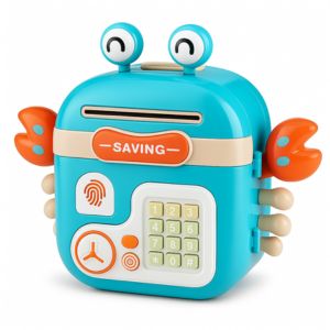 cartoon atm toy, kids piggy bank, crab shape atm, fingerprint piggy bank, money box for kids, atm toy for children, money saving toy, motumal giftwala ranchi, birthday gift atm, quirky piggy bank, electronic saving box, password protected piggy bank