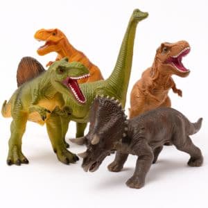 High-resolution square image of five colorful dinosaur toy figures including T-Rex, Triceratops, Spinosaurus, and Brachiosaurus – realistic design for kids, from Motumal Giftwala Ranchi