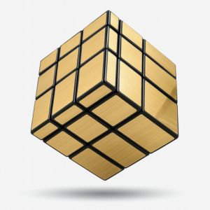 "Gold metallic Rubik's Cube with black borders floating on white background"