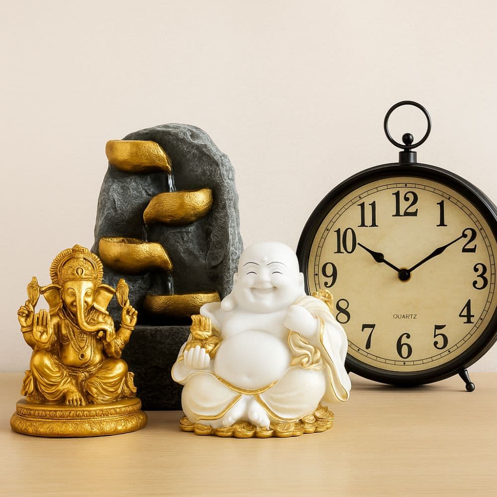 Housewarming gift items including Ganesh idol, laughing Buddha, water fountain, and vintage wall clock – perfect new home decor by Motumal Giftwala Ranchi