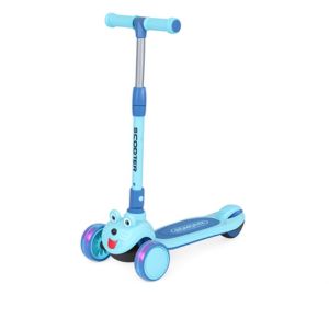 Blue 3-wheel kids scooter with LED wheels and cute animal face