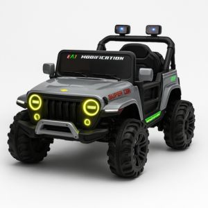 Grey kids electric ride-on Jeep with LED headlights and rugged wheels