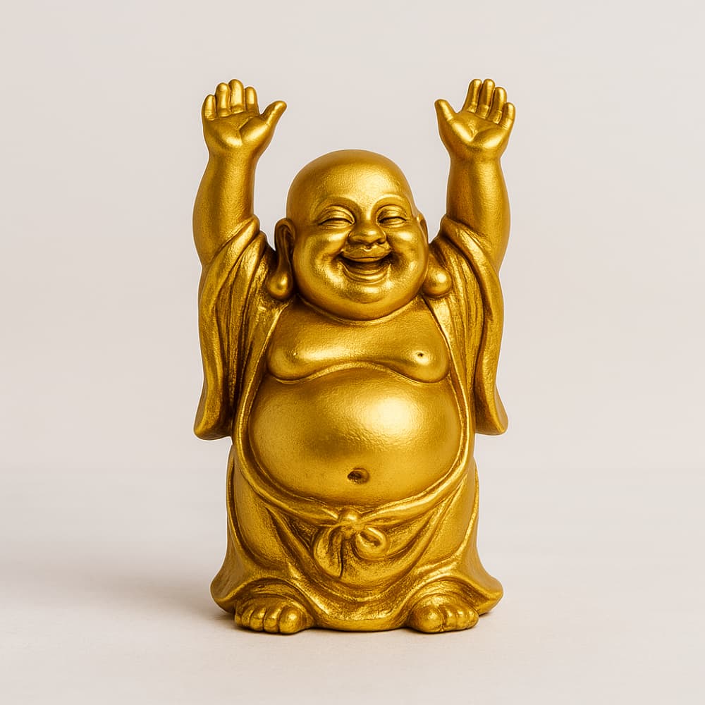 Golden Laughing Buddha statue with raised hands for home decor and prosperity gifting – Motumal Giftwala Ranchi