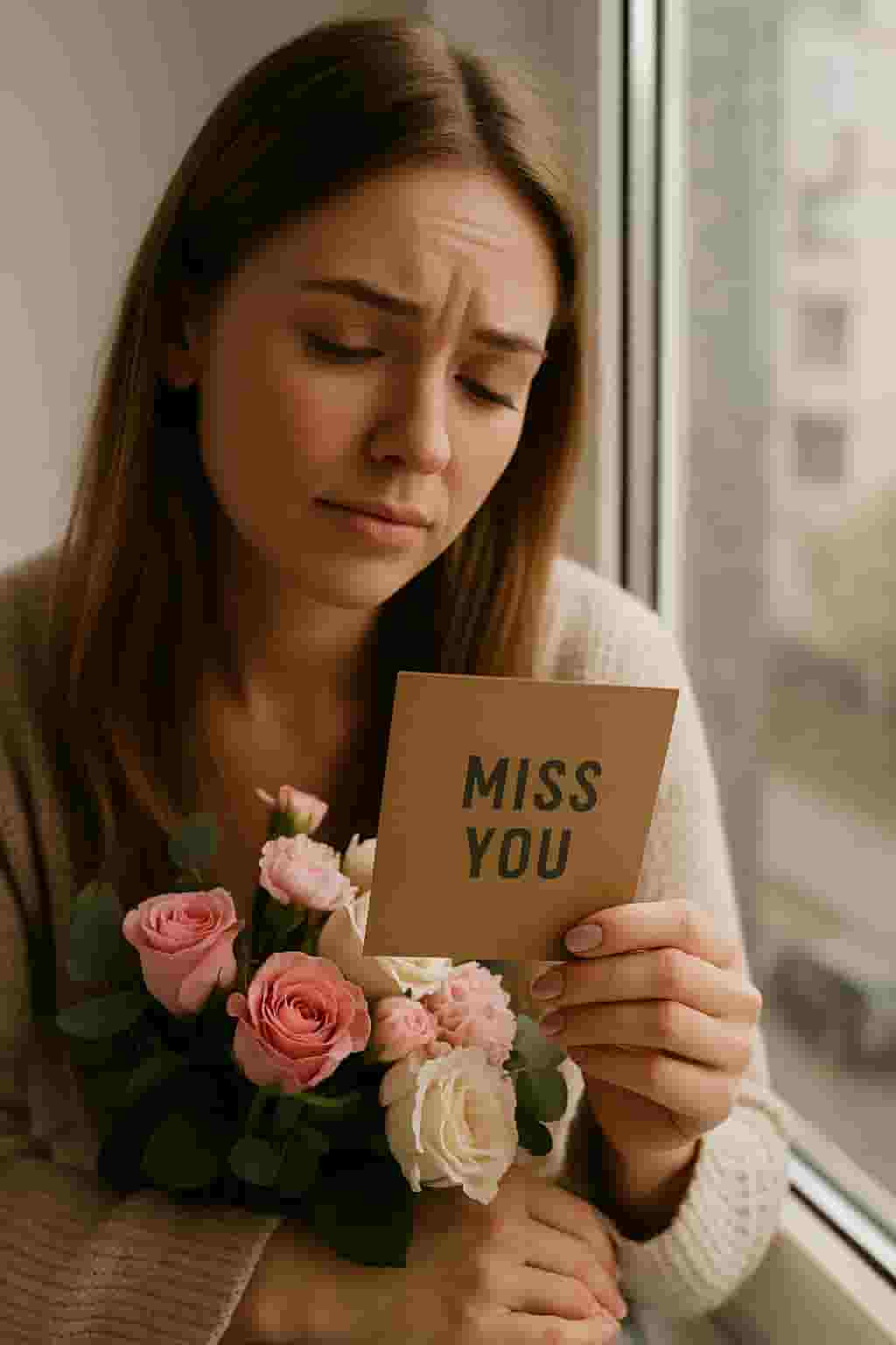 Motumal Giftwala “Miss You” gift image showing an emotional moment of longing — perfect for sending love and care through flowers, chocolates, and gifts in Ranchi.