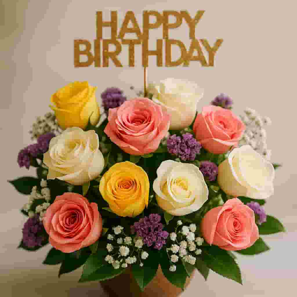 “Motumal Giftwala vibrant birthday flower bouquet — a mix of pink, yellow, and white roses designed to celebrate special birthdays in Ranchi with free and same-day delivery.”