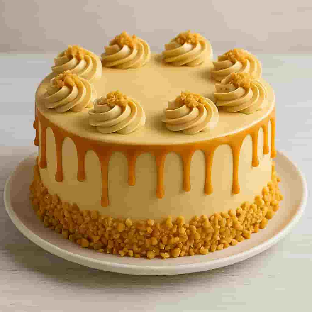 “Motumal Giftwala butterscotch cake — rich creamy cake topped with caramel drizzle and crunchy nuts, perfect for birthdays and celebrations in Ranchi with same-day delivery.”