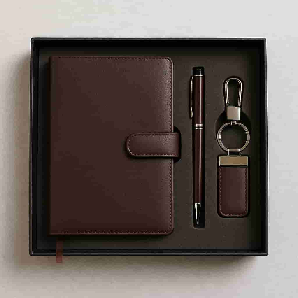 Motumal Giftwala elegant diary gift set featuring a premium leather-bound notebook, pen, and keychain — ideal for office, corporate, and festive gifting in Ranchi with same-day delivery.