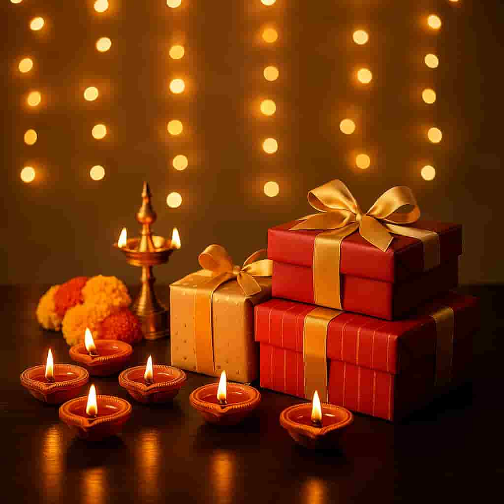 “Motumal Giftwala Diwali gift collection featuring festive lights, golden diyas, and decorative gift boxes symbolizing joy, prosperity, and celebration.”