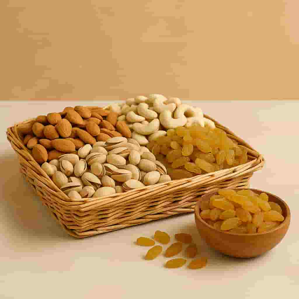 Motumal Giftwala premium dry fruit hamper beautifully arranged with almonds, cashews, pistachios, and raisins — ideal festive gifting option with elegant packaging and same-day delivery in Ranchi.