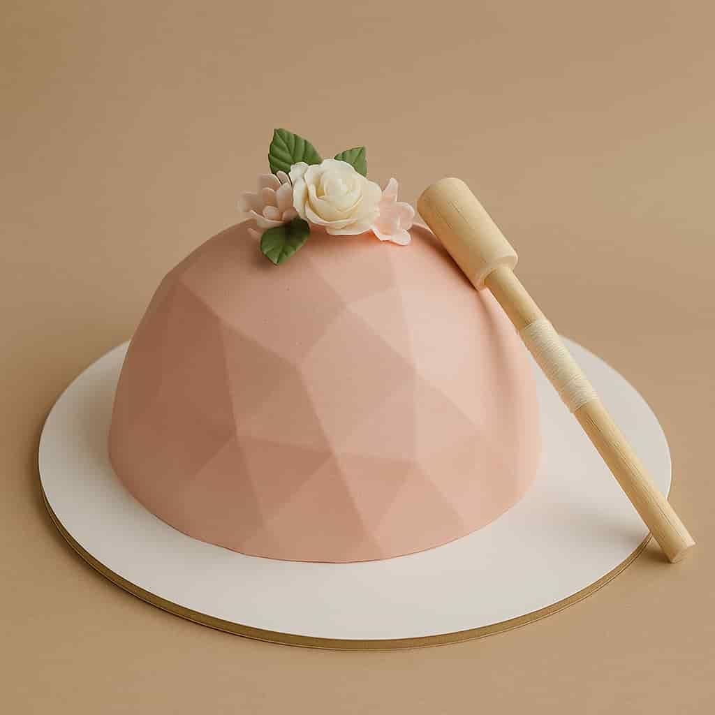 “Motumal Giftwala pinata cake — elegant dome-shaped smash cake with pastel decor and wooden hammer, perfect for birthdays, surprises, and celebrations in Ranchi.”