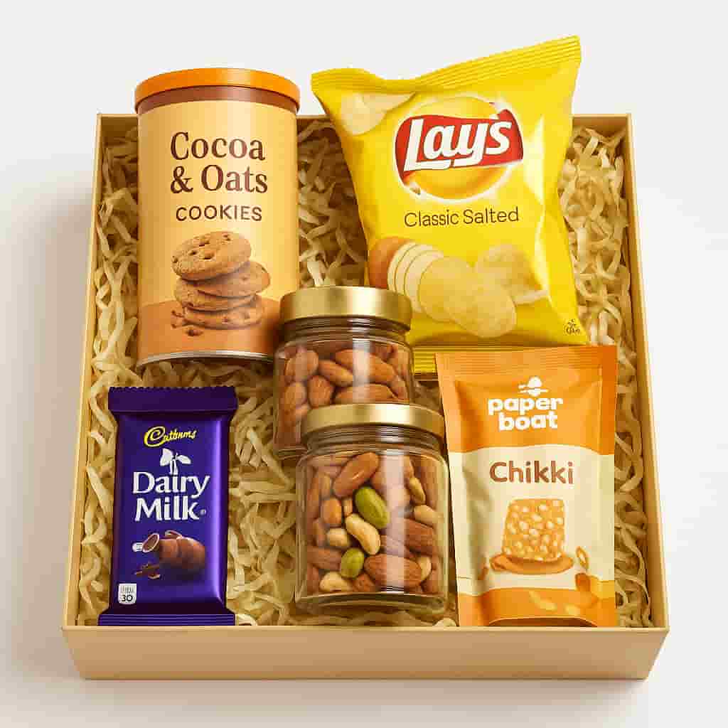 “Motumal Giftwala snack hampers filled with chips, cookies, chocolates, and dry snacks — perfect for gifting in Ranchi with same-day delivery.”