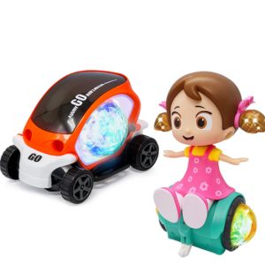 Musical Cartoon Doll and Rotating Light Car Combo Toy Set for Kids – Fun Moving Gif