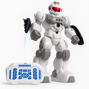 High-resolution square image of a futuristic white robot toy with laser gun and matching remote control featuring blue buttons – tech action toy for kids from Motumal Giftwala Ranchi