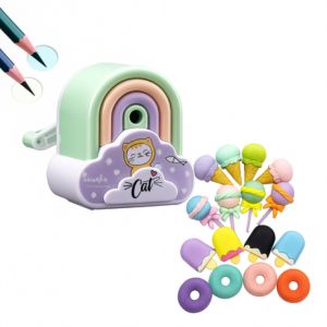 A pastel rainbow cat sharpener with colorful ice cream and donut-shaped erasers for kids