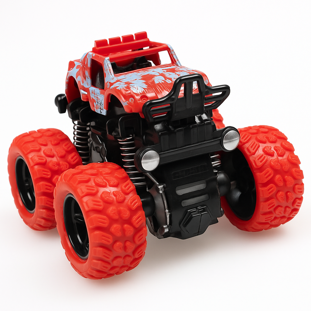 Red monster truck toy with large rugged wheels and spring suspension – heavy-duty stunt car for kids by Motumal Giftwala Ranchi