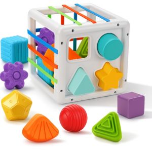 Shape Sorting Cube Toy with 12 Colorful Blocks for Toddlers