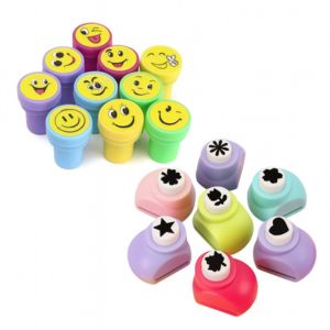 Combo set of colorful smiley face stamps and pastel paper shape punches for kids
