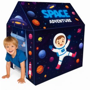 Space-themed foldable play tent for kids with astronaut and planet designs