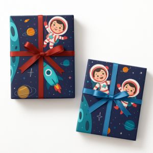 Gift boxes wrapped in navy blue space-themed paper with astronauts and rockets