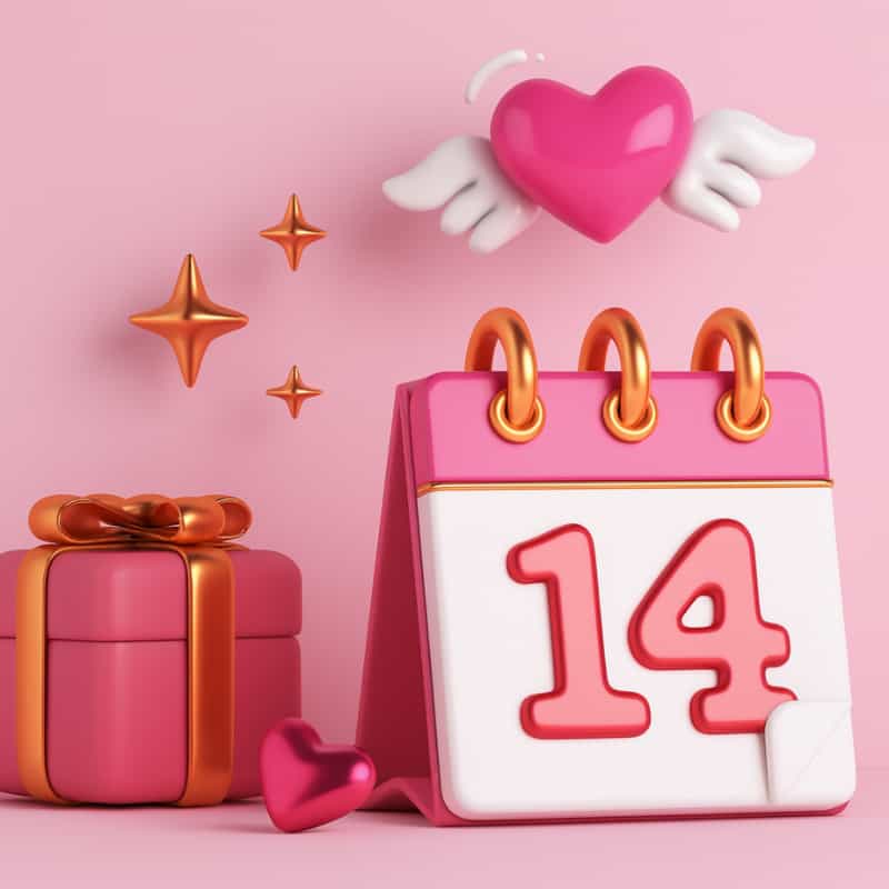 3D square illustration of Valentine’s Day theme with pink gift box, golden ribbon, flying heart with wings, and calendar showing 14 – romantic gifting design by Motumal Giftwala.