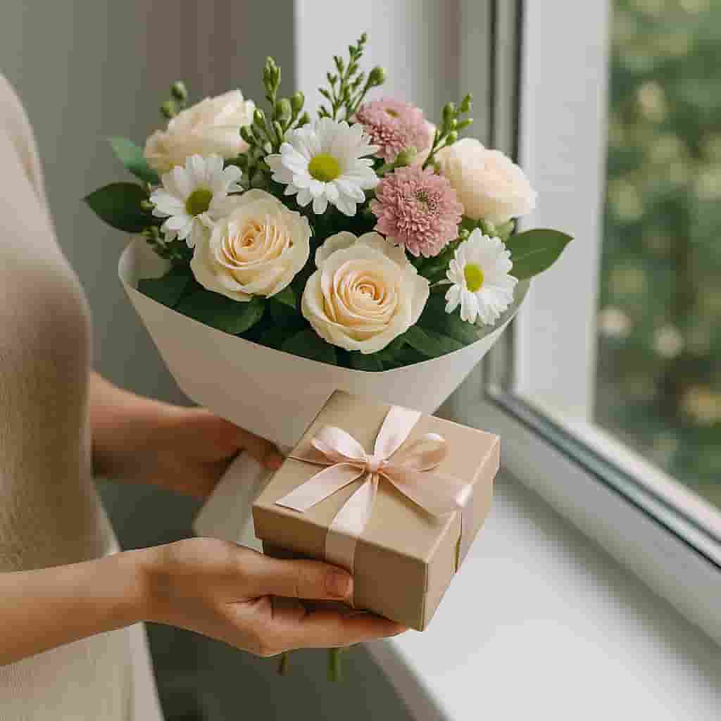 Motumal Giftwala “Thank You” gift arrangement with a flower bouquet and soft natural light — perfect for expressing gratitude through gifts and hampers in Ranchi.