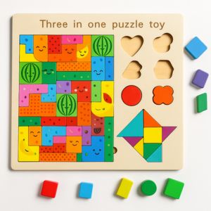 Three-in-one wooden puzzle board for kids with fruit blocks, tangram, and shape sorter