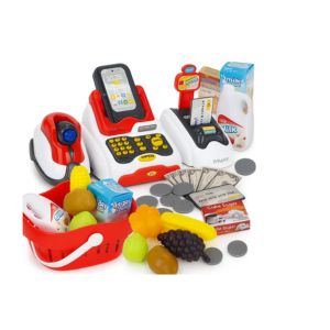 Toy cash register set with scanner, fake money, fruits, and grocery items for kids