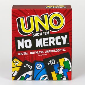 UNO No Mercy card game box with bold red design and savage new action cards – extreme version of classic UNO from Motumal Giftwala Ranchi"