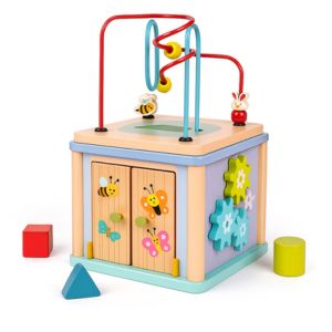 5-in-1 wooden activity cube toy with bead maze, shapes, gears and learning panels