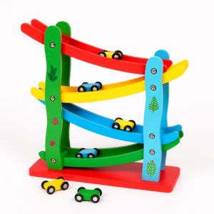 Wooden zigzag ramp toy with four colorful tracks and mini cars for toddlers