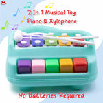 2-in-1 musical toy piano and xylophone with colorful keys and drumsticks on a light blue background.