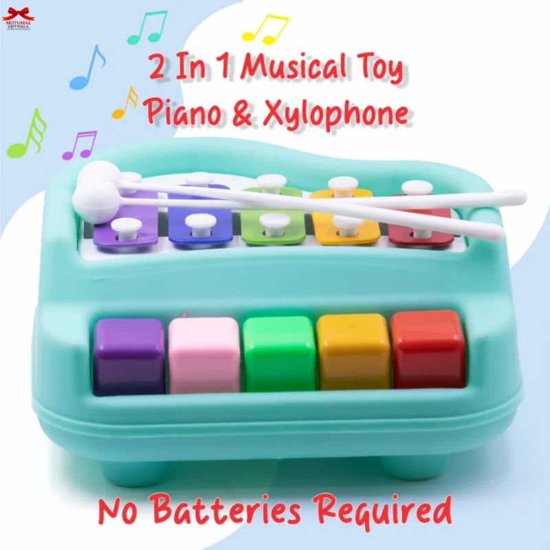 2-in-1 musical toy piano and xylophone with colorful keys and drumsticks on a light blue background.