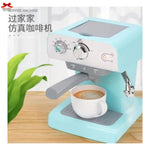 Light blue coffee machine with a cup of coffee on a wooden surface