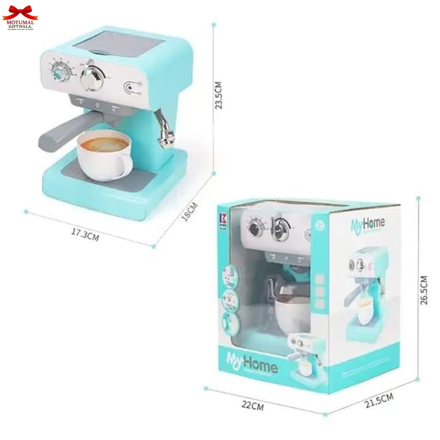Toy espresso machine with dimensions and packaging on a white background