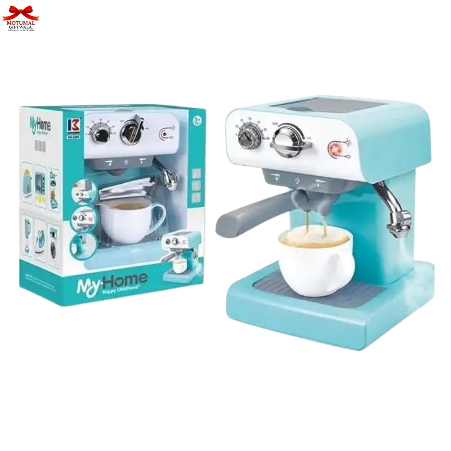 Turquoise espresso machine with white cup and packaging labeled 'My Home' on a white background