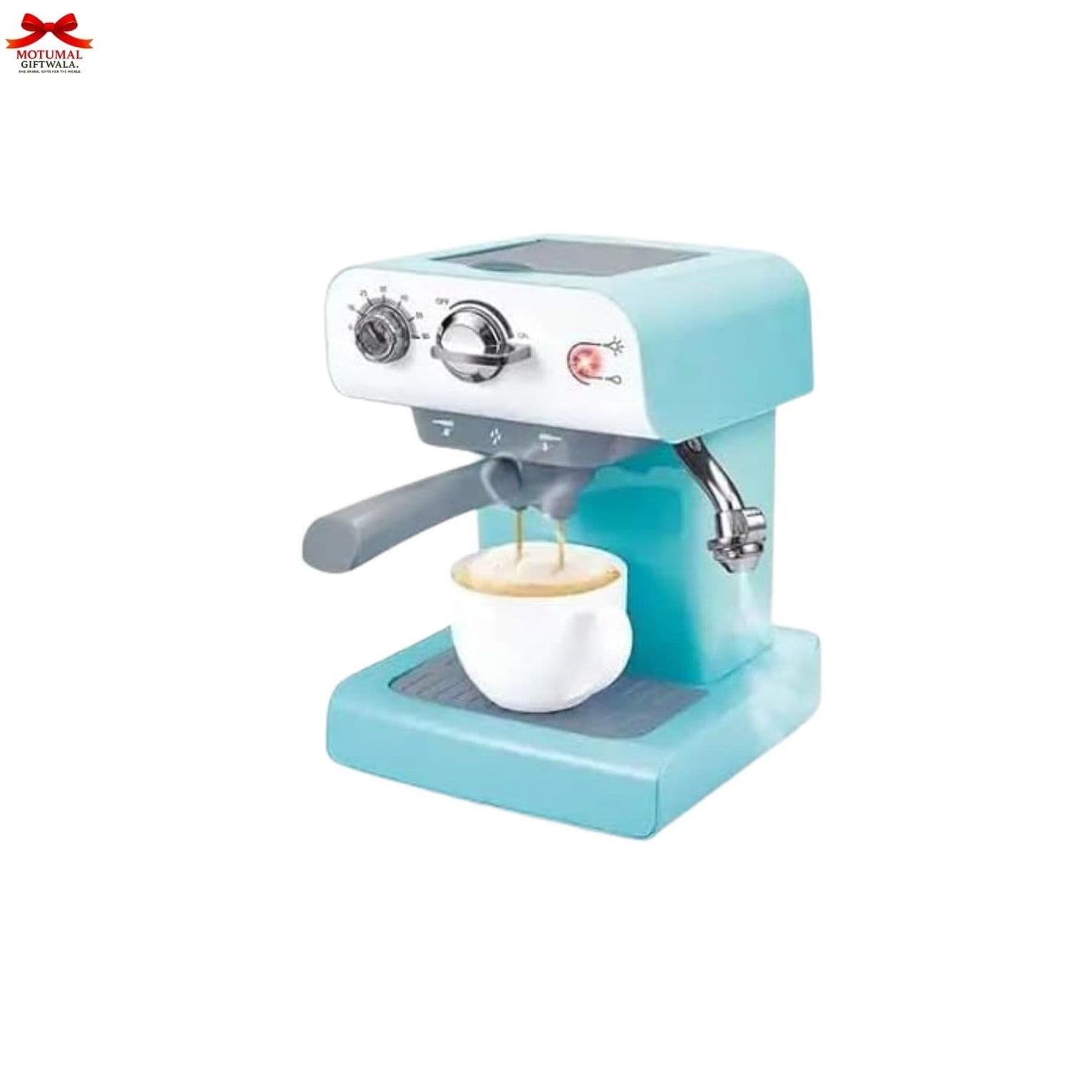 Turquoise espresso machine pouring coffee into a white cup on a white background
