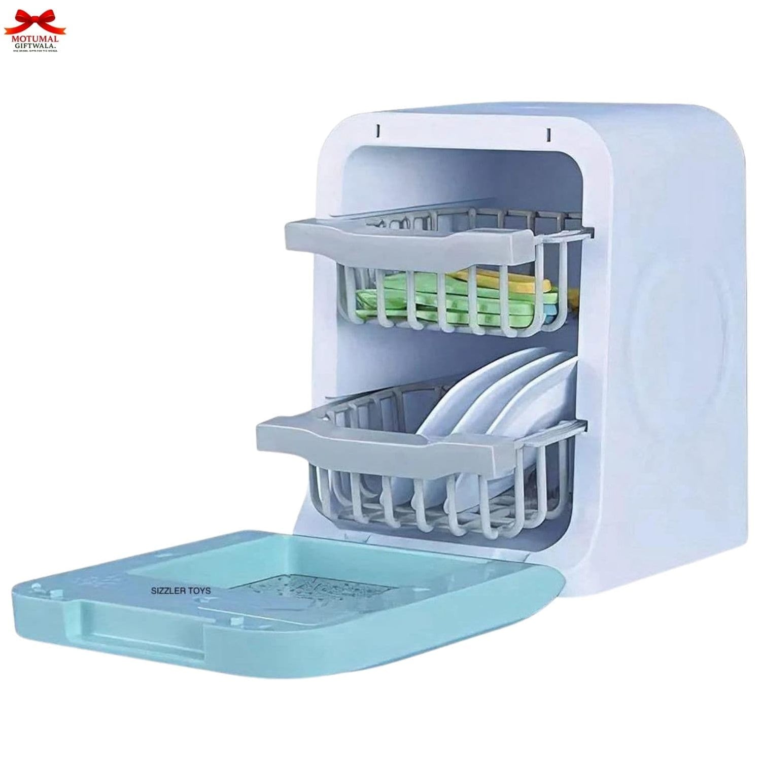White and light blue dish drying rack with shelves on a white background