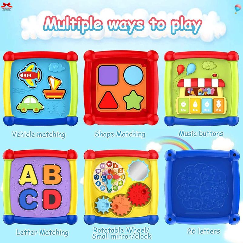Set of colorful educational toys with various activities on a blue background