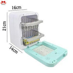 Pet litter box with dimensions labeled on a white background