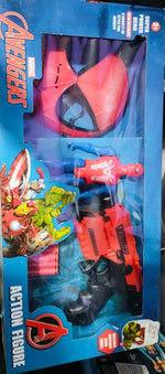 Packaged action figure gun toy with a red and black design, featuring character motifs from the Avengers.