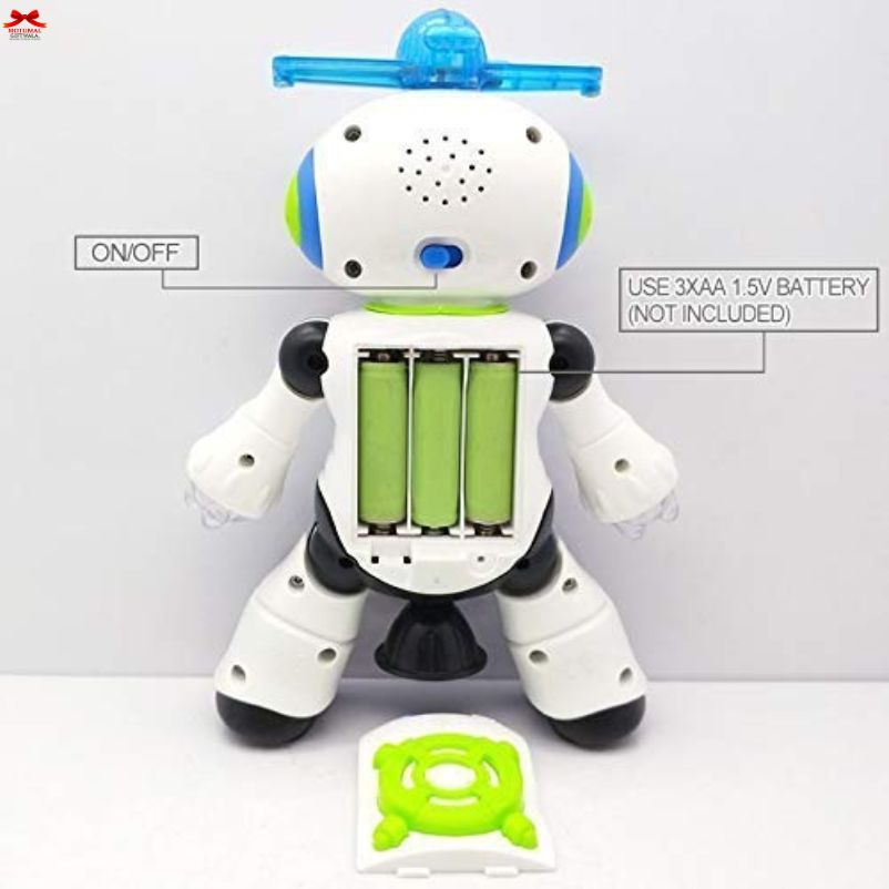 Toy robot with battery pack on a white background